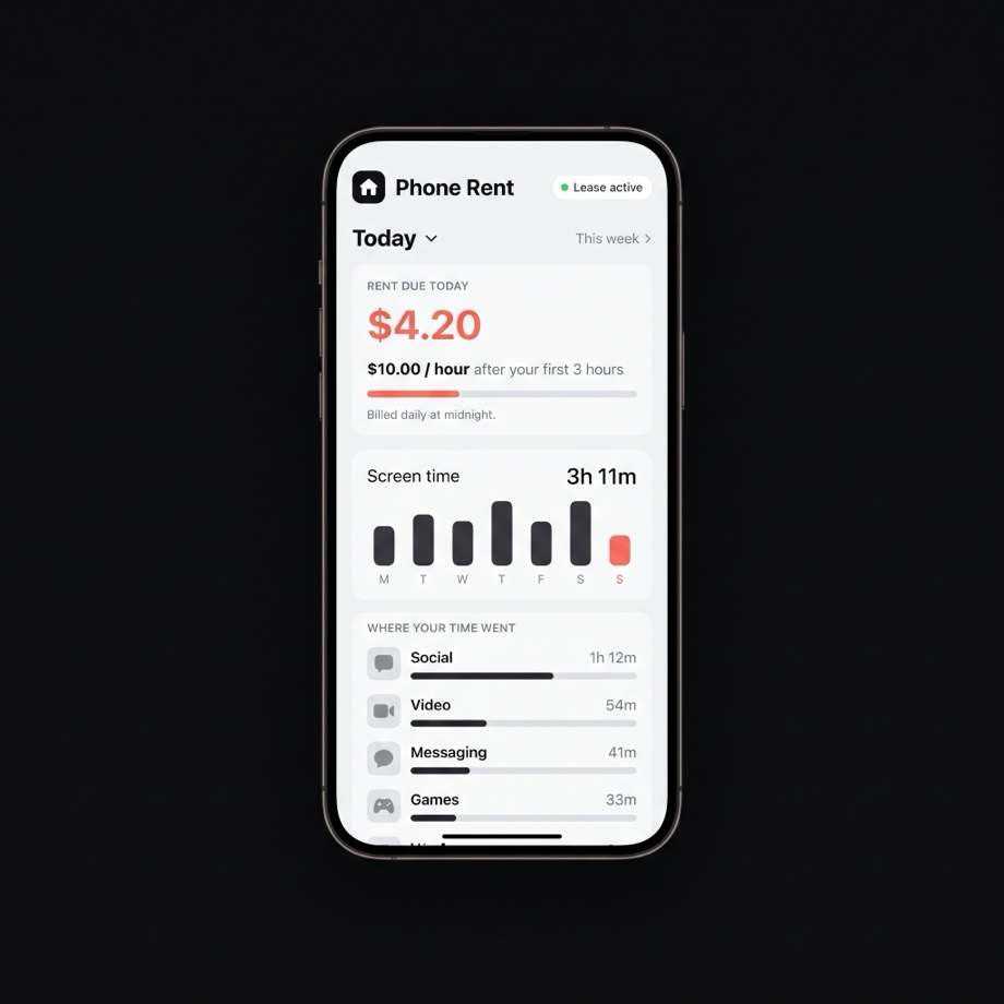 PushRent dashboard showing today's rent building up as a running tab, with a screen-time chart.