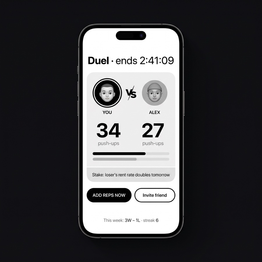 A head-to-head push-up duel between two friends with streaks tracked.