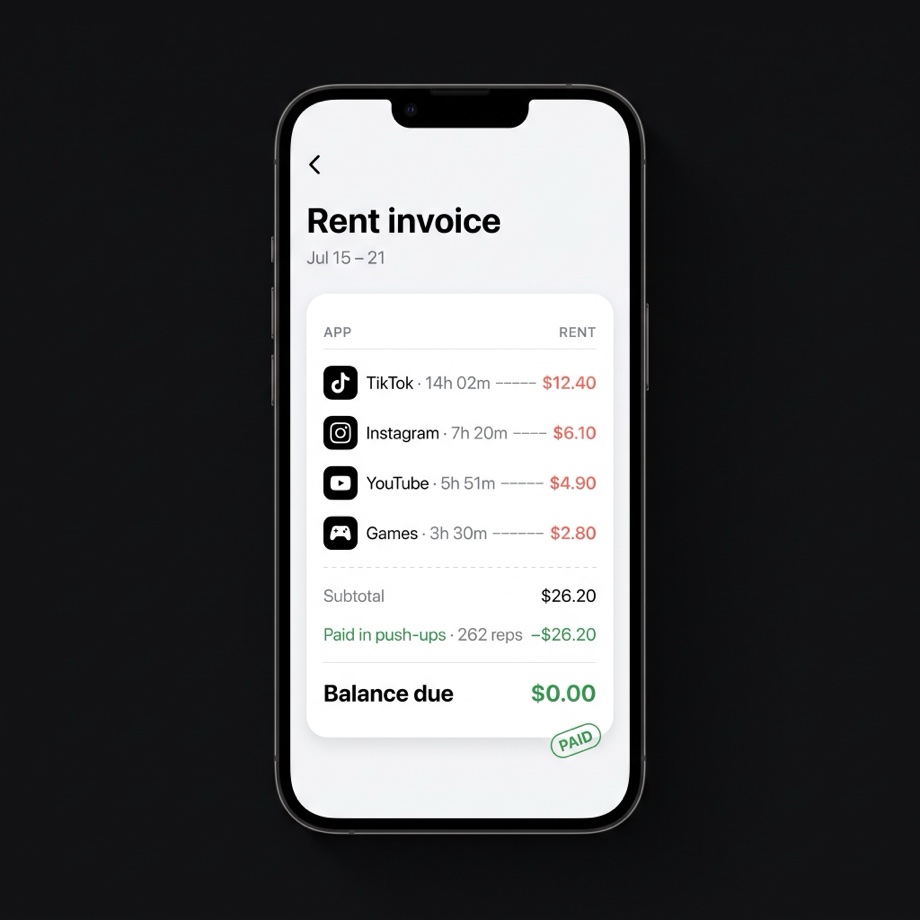 Weekly invoice itemized by app and paid off in push-ups.