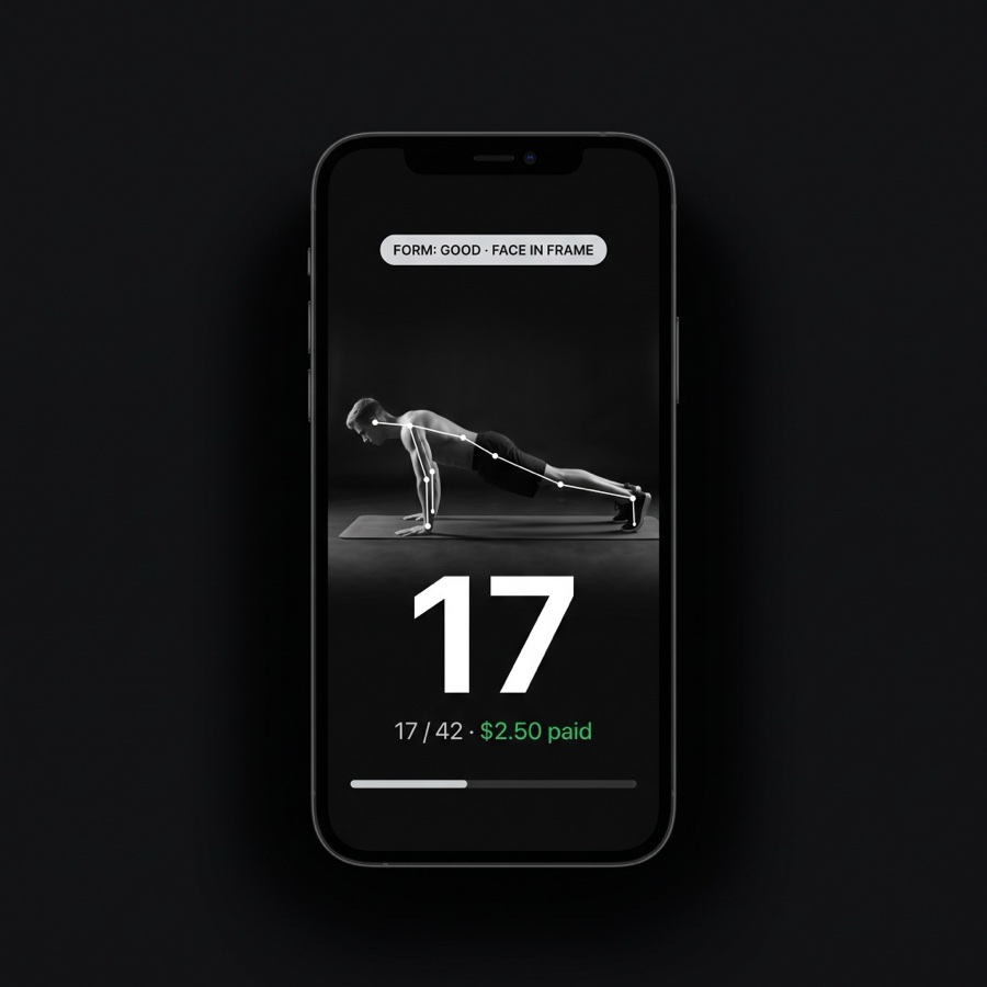 The camera rep counter tracking push-ups in real time and crediting each rep against the balance.