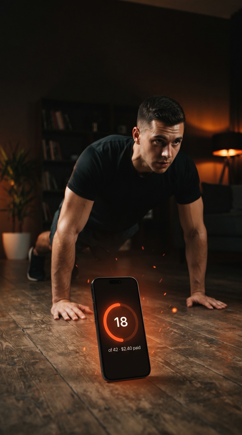 Someone doing push-ups on the floor while their iPhone stands nearby counting the reps.